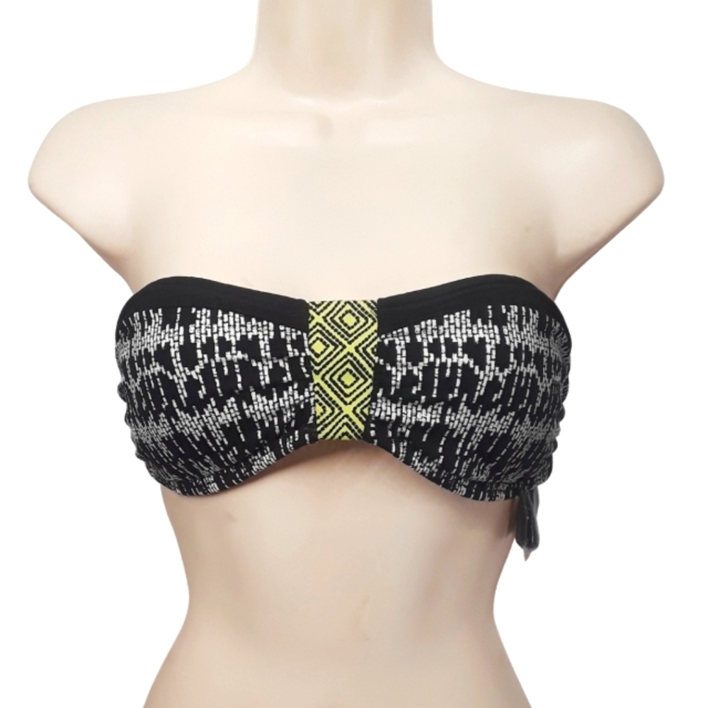 NEW Lili Blu Strapless Black White Green Tribal Print Medium Bikini Top